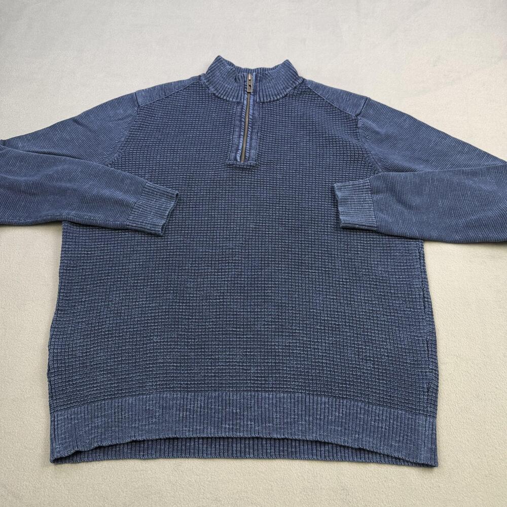 Tommy Bahama Sweater Mens Medium Blue Waffle Knit Quarter Zip Cotton Pullover
